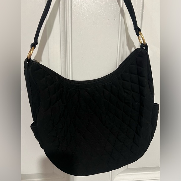 VERA BRADLEY SOLID BLACK QUILTED HOBO PURSE SHOULDER BAG TOTE GOLD HARDWARE - Picture 9 of 15